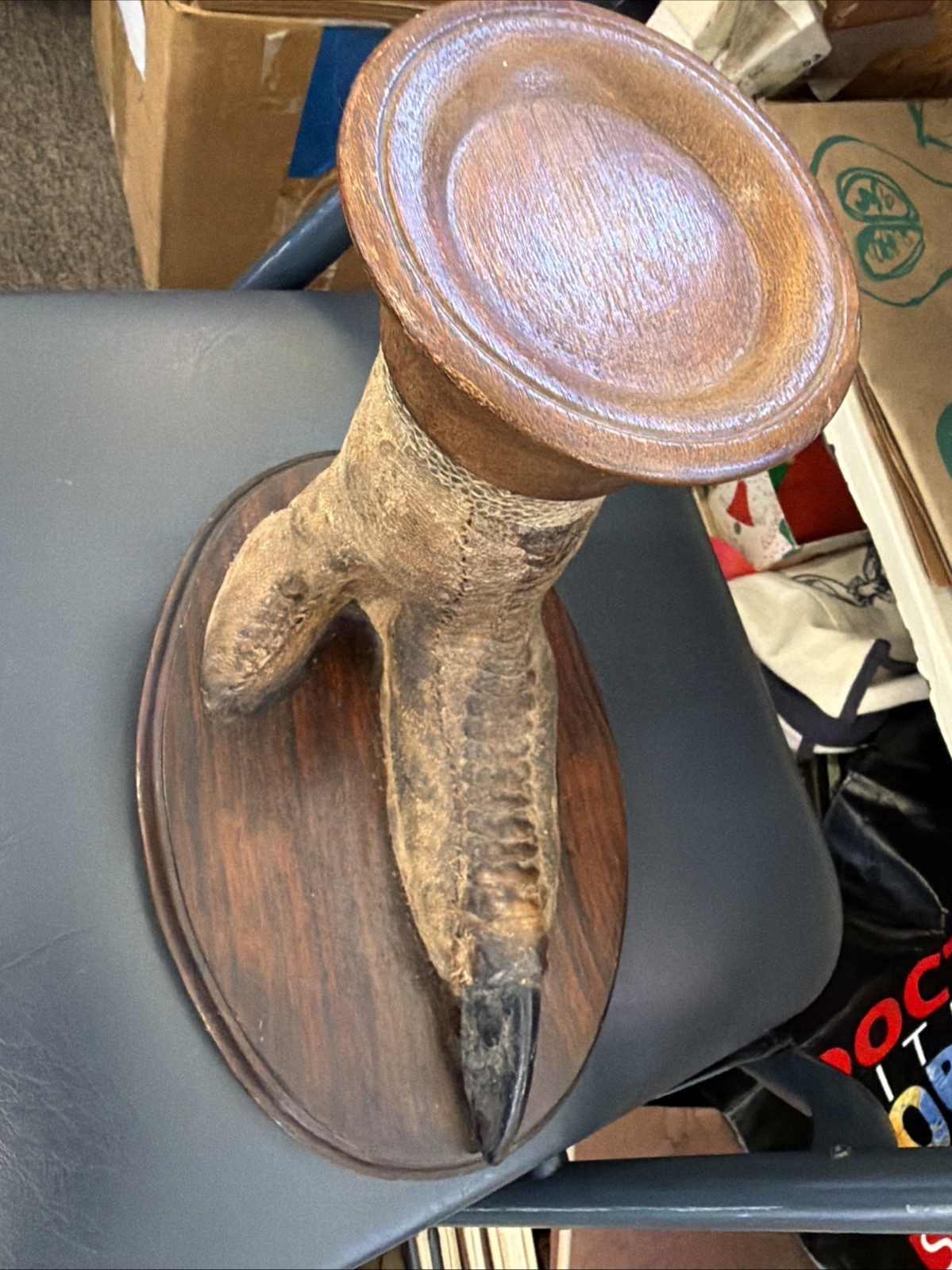 Vintage Ostrich Foot Stand w/ Wooden Dish Australian Curio Decor