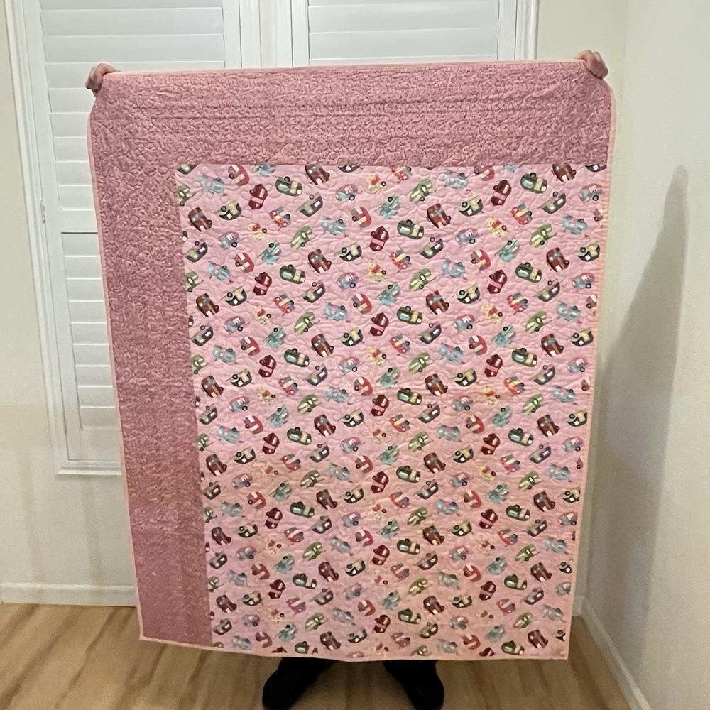 Handmade Cats and Camper Trailers Patchwork Quilt Blanket Pink