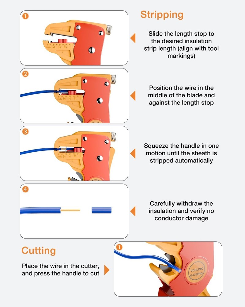VCELINK Automatic Quickstrip Wire Stripper and Cutter, Professional Orange
