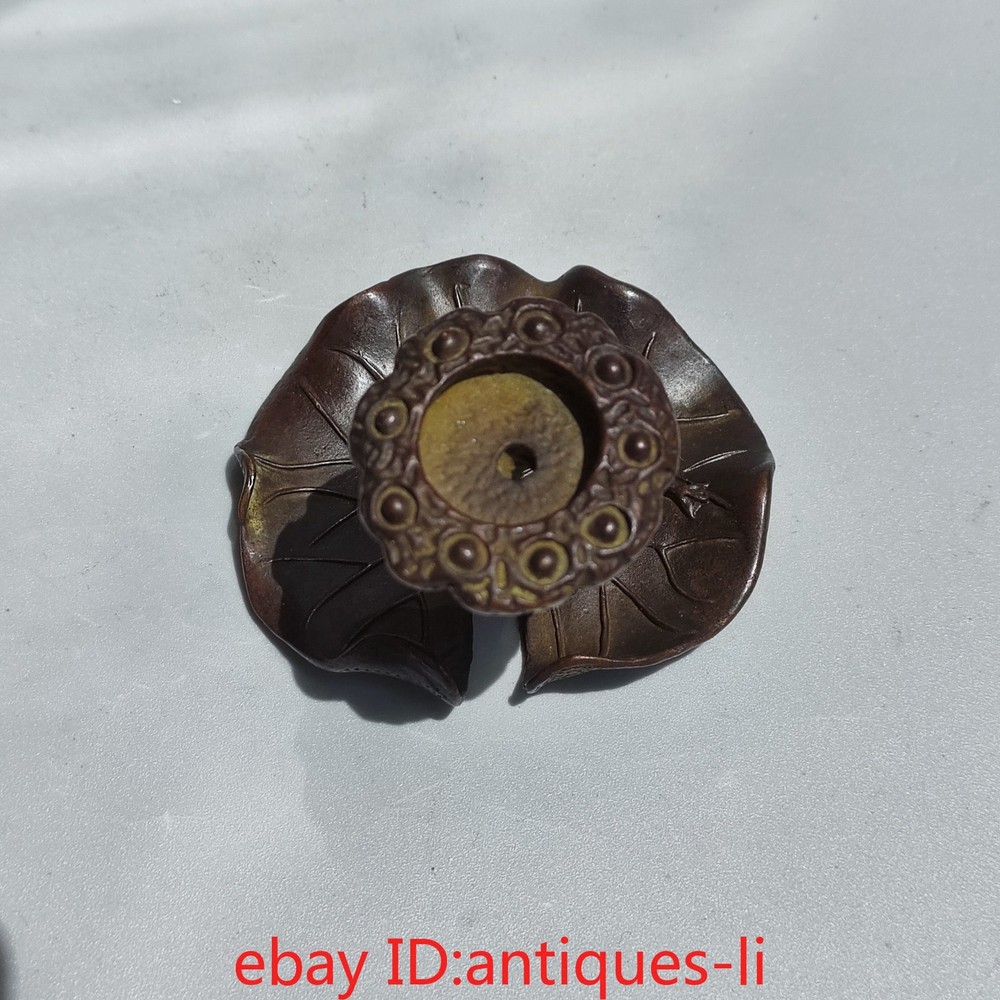 China antique purple copper solid lotus leaf frog shape backflow incense stick