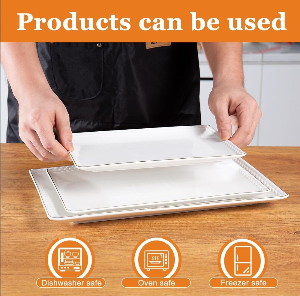 Ceramic Serving Platter Set | 14”/12”/10” Rectangular Serving Trays for Enter...