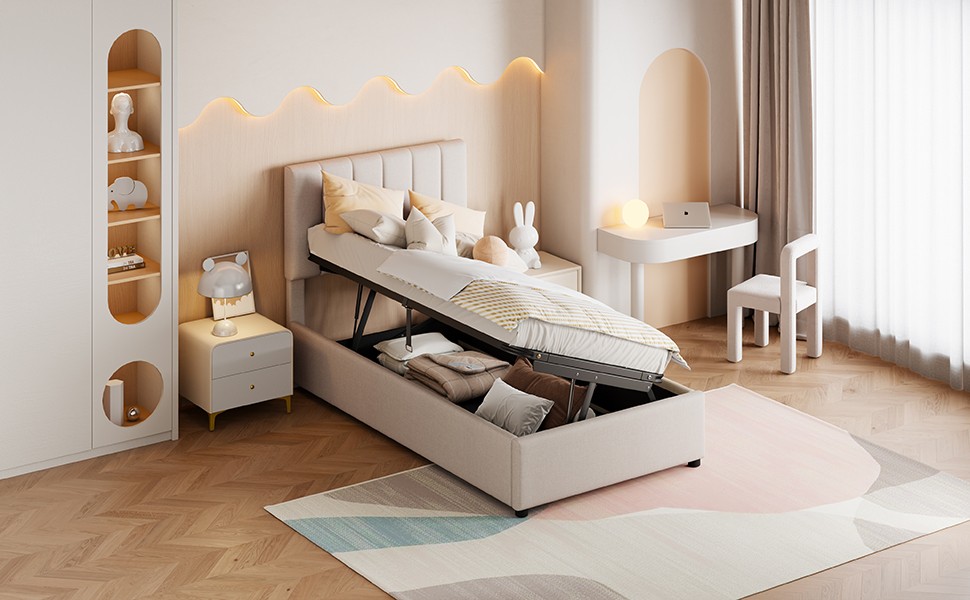 Twin Size Upholstered Platform Bed with a Hydraulic Storage System, Beige