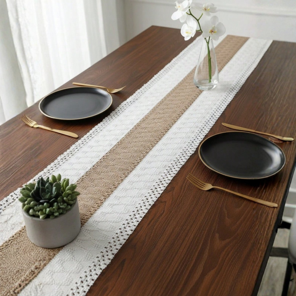 Boho Table Runner With Tassels Cream & Brown Macrame Woven Table Runner Mat