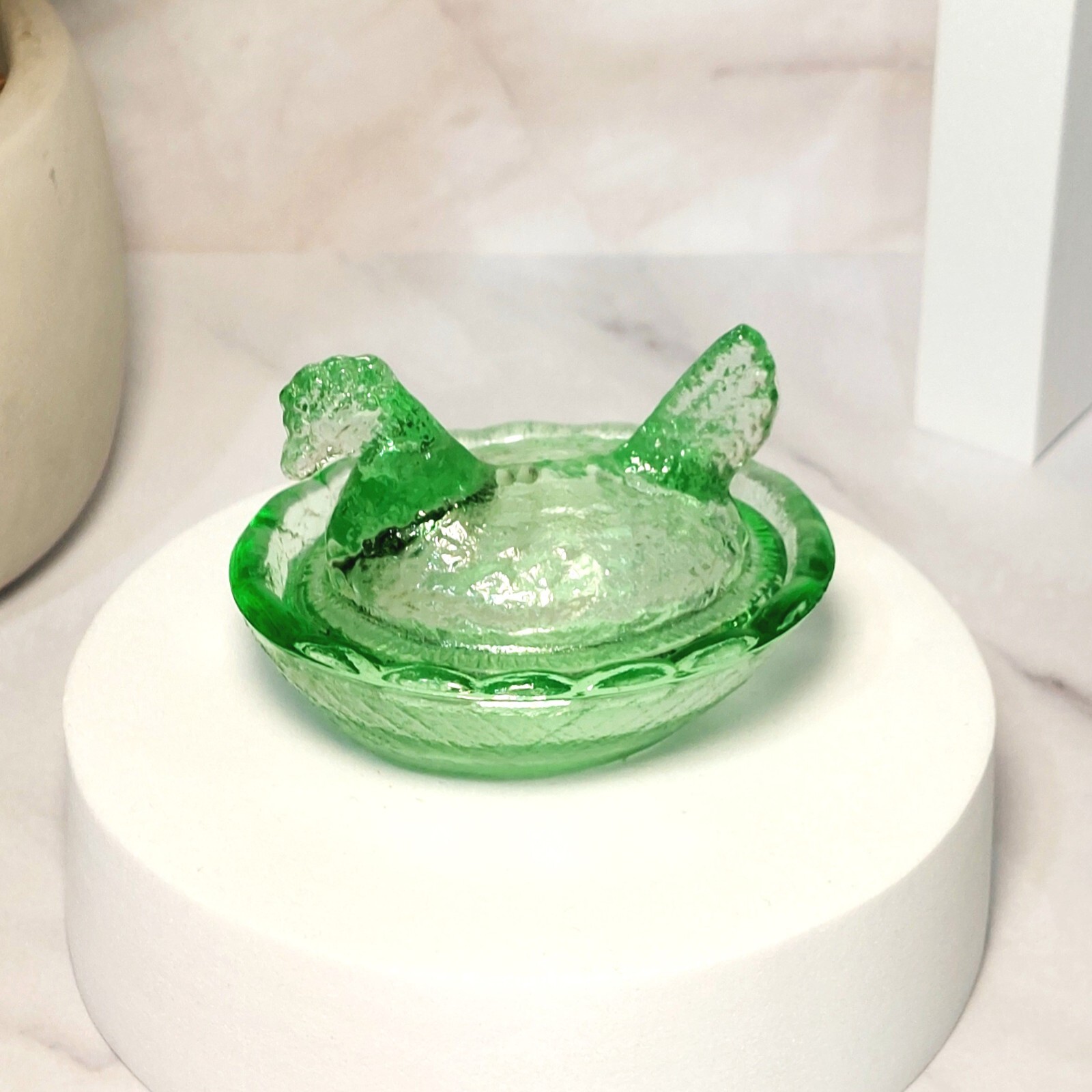Green Depression Style Glass Mini Hen on Nest Chicken Salt Dish, Vintage Style