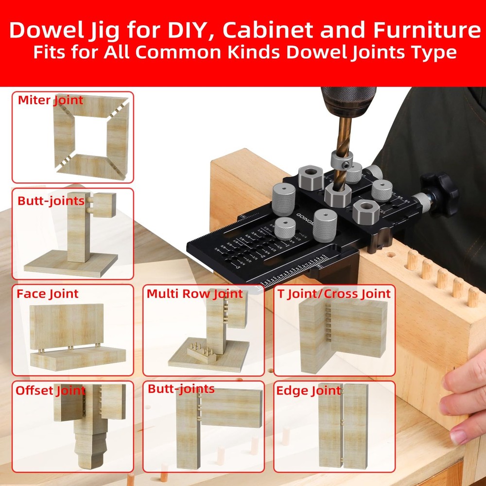 GOINGMAKE Dowel Jig Kit with Quick Positive Stop and Clamp, Adjustable Doweli...