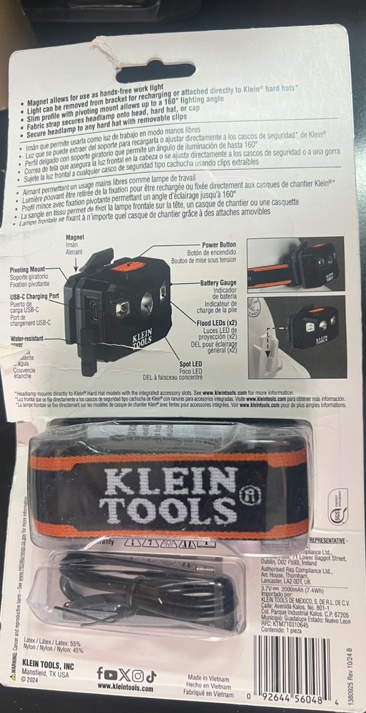 Klein Tools 56048 Rechargeable Auto-Off LED Headlamp Adjustable Strap 0484