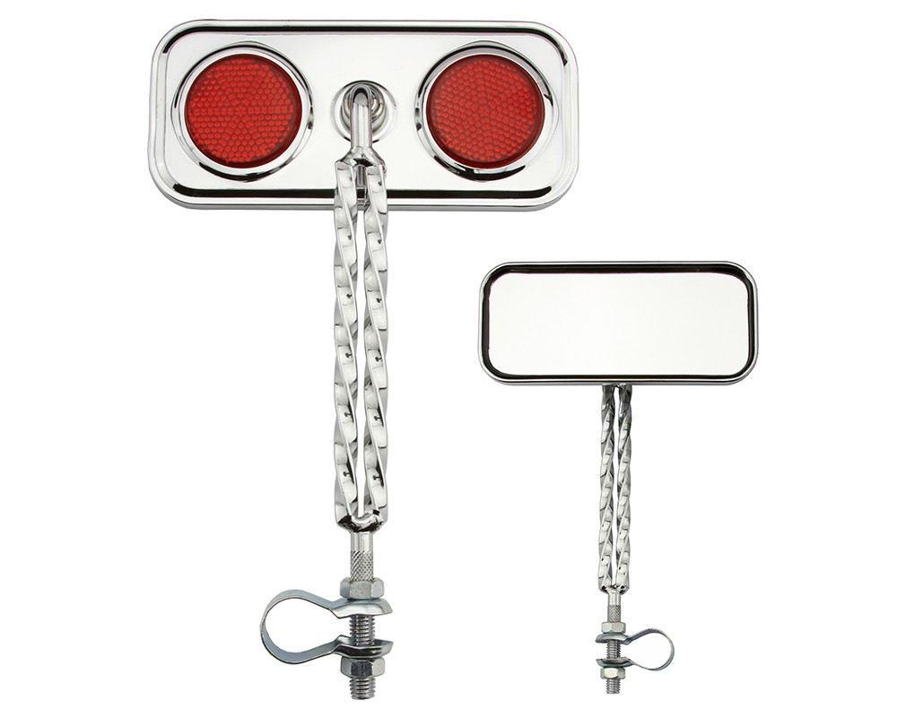 Bike Two Rectangle Double Square Twisted Mirror Chrome Red Reflectors.
