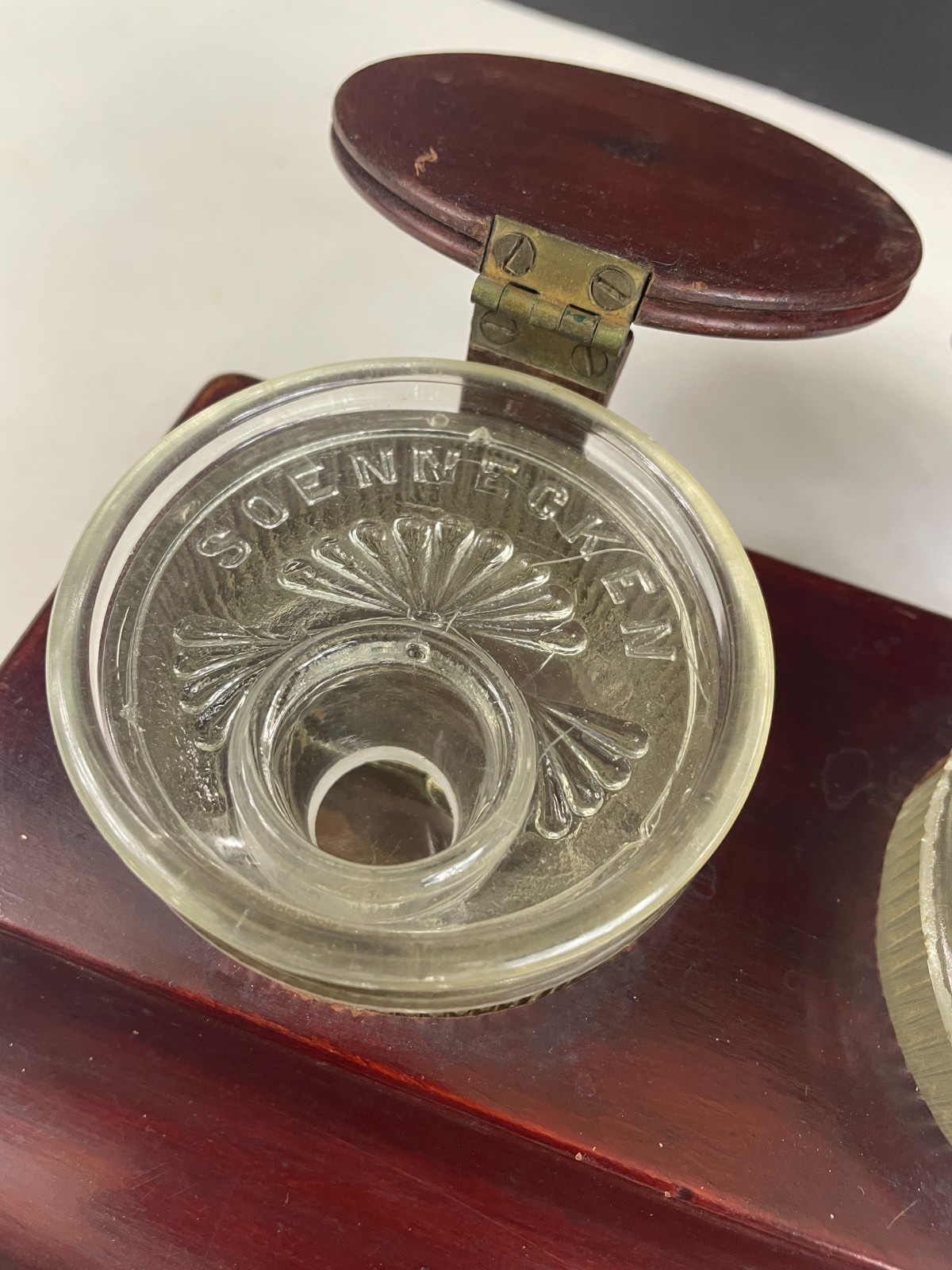 Antique Soennecken Mahogany & Brass Two Ink Table Inkwell ~ Germany