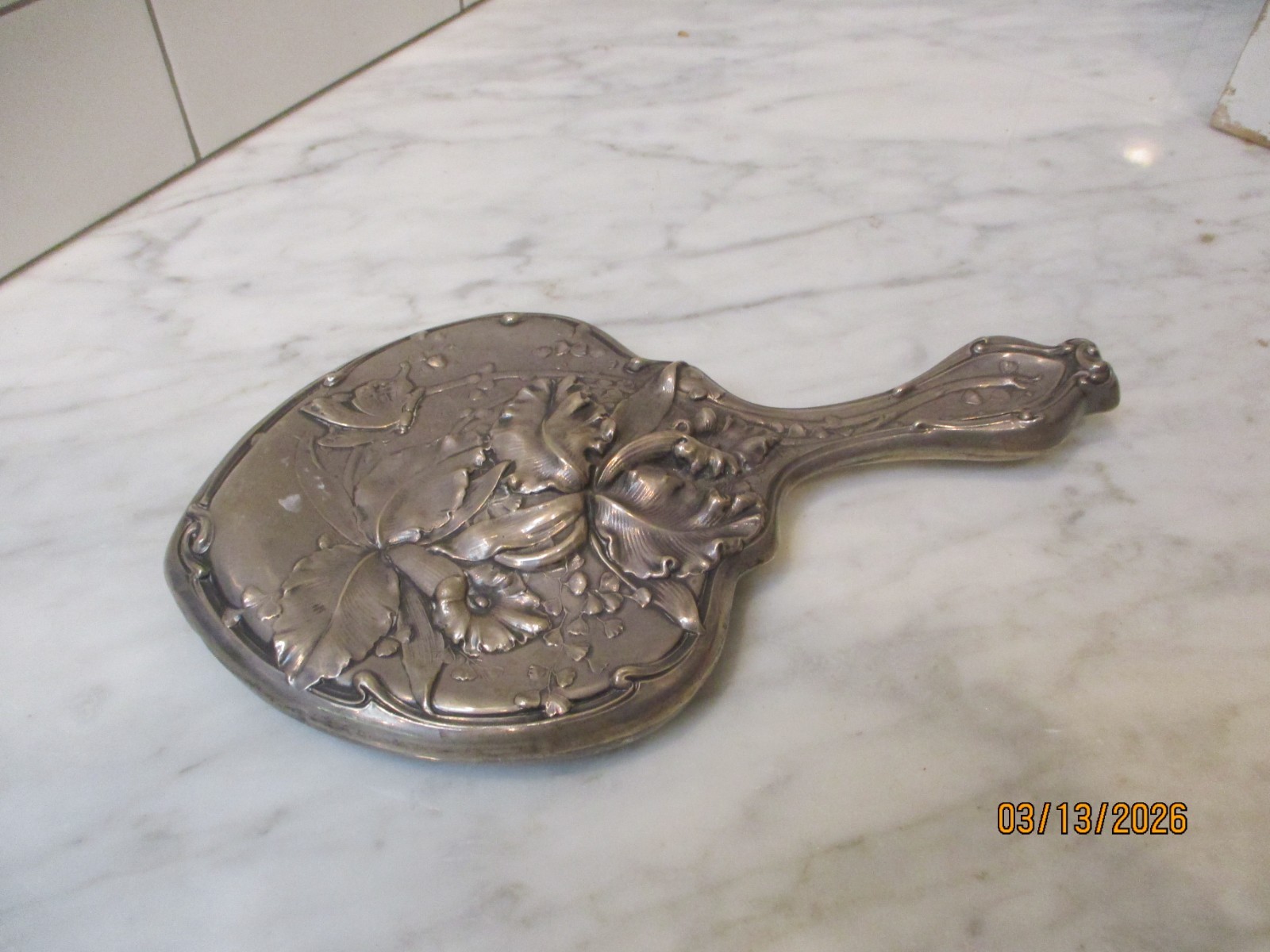 Antique Art Nouveau Sterling Silver Hand Mirror Embossed Flowers & Butterfly