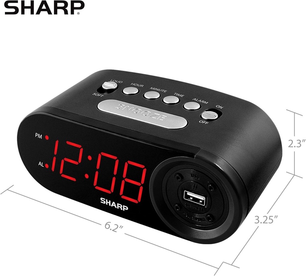 Sharp Digital Easy to Read Alarm Clock with 2 AMP High-Speed Black - Red Led