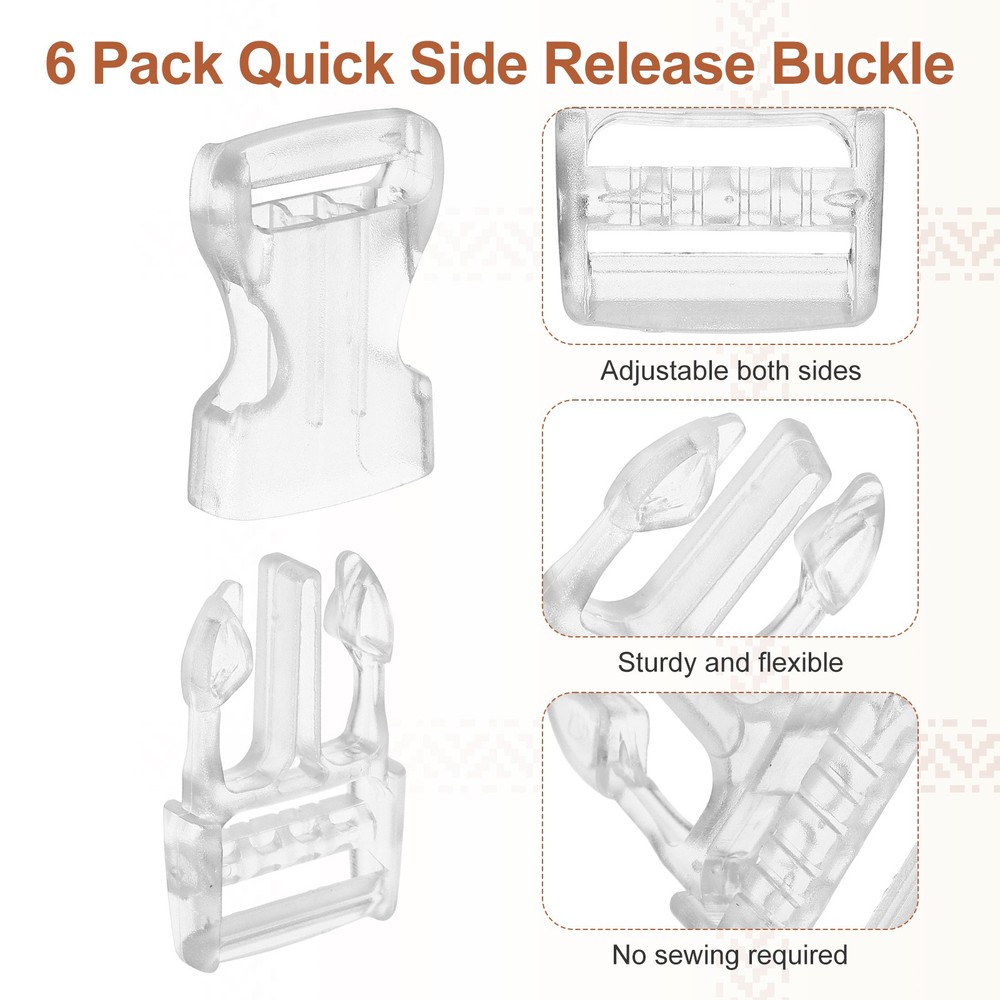 6 Pack Quick Side Release Buckle, 1" Plastic Buckle Clip, Clear