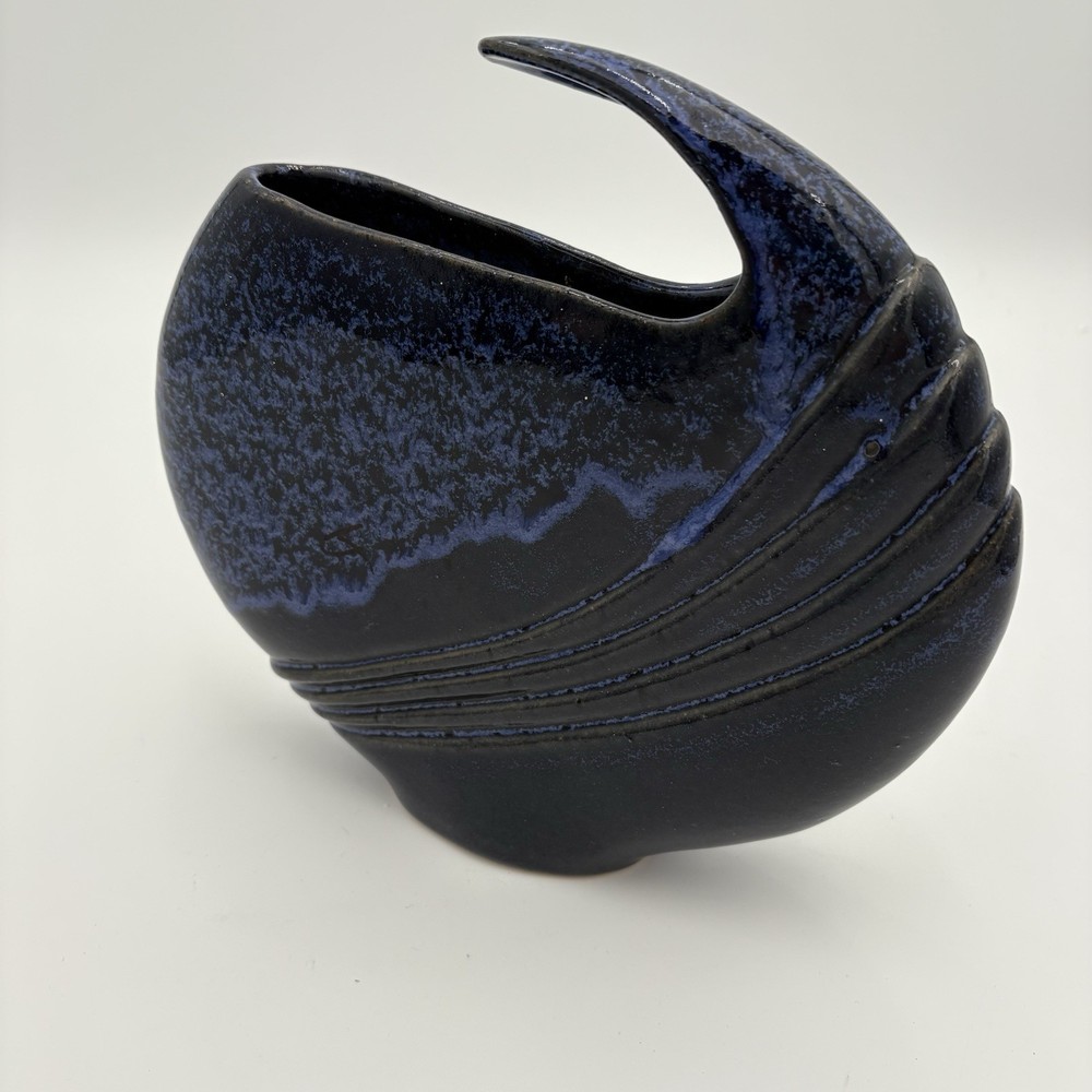 Vintage Ceramic Case Studio Dark Blue Glaze Abstract Shape