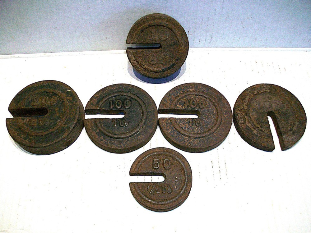 6 Vintage Cast Iron Platform Scale Weights