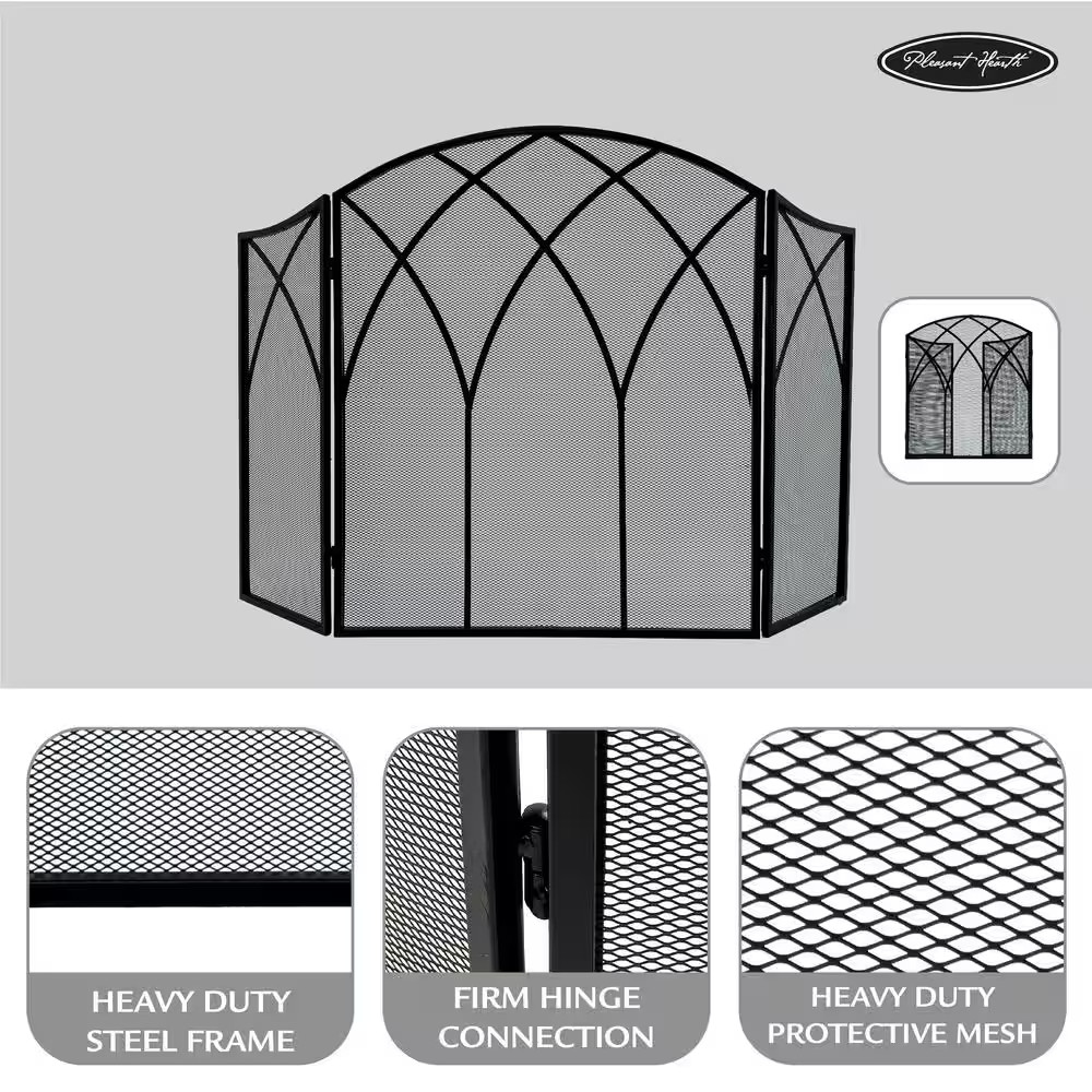 Gothic Black Steel 3-Panel Fireplace Screen