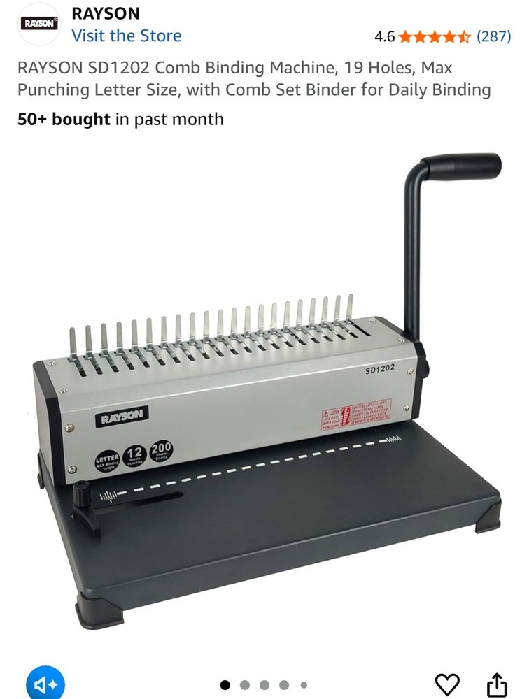 RAYSON SD1202 Comb Binding Machine, 19 Holes, Max Punching Letter Size, with ...