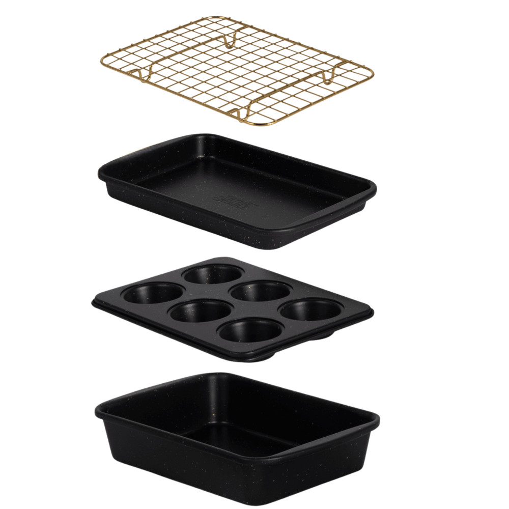Black & Gold Thyme & Table 4-Piece Stackable Toaster Oven Bakeware Set