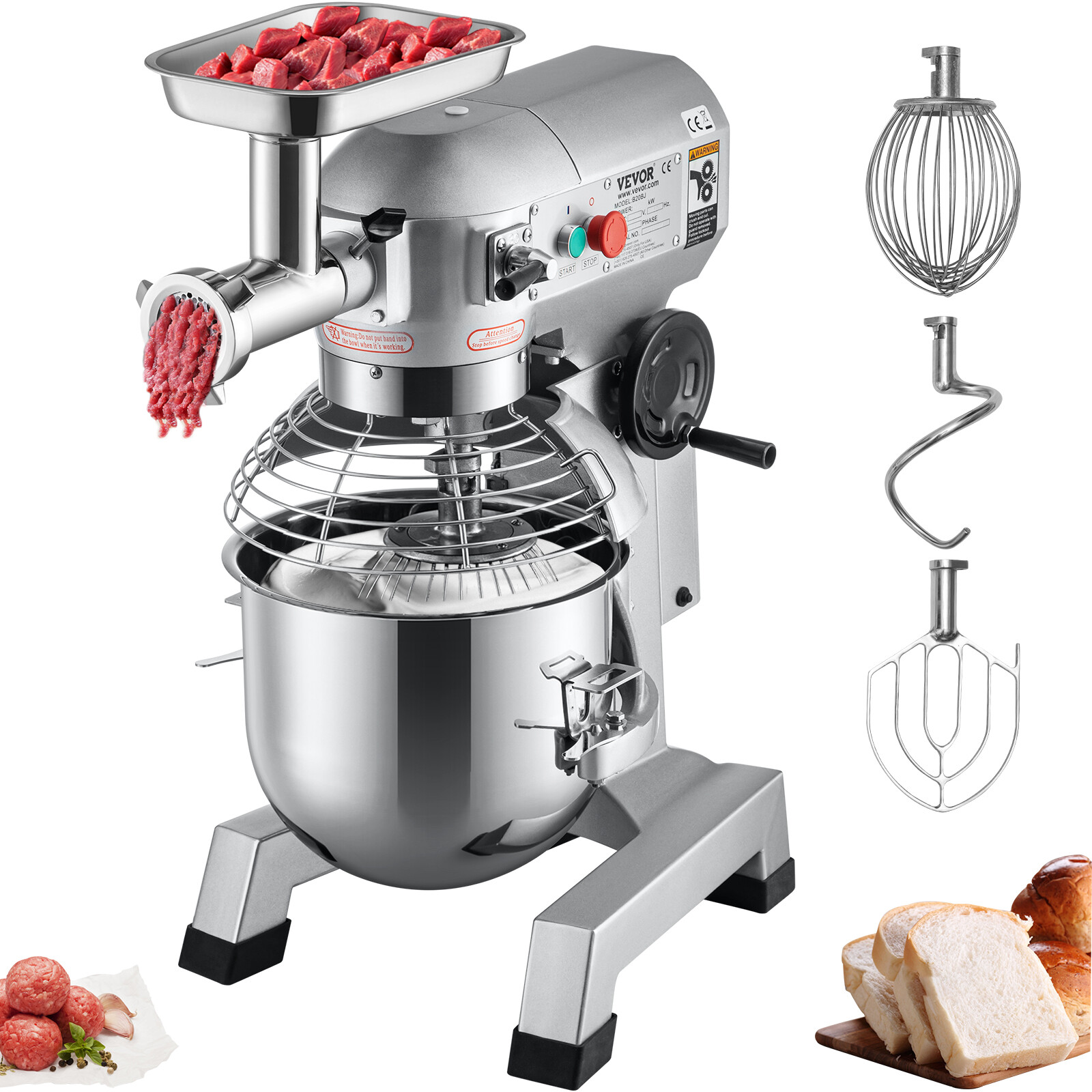 VEVOR Commercial Food Mixer with Meat Grinder 20Qt 3 Speeds Pizza Bakery 1100W
