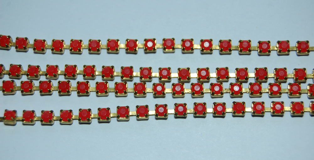 VINTAGE CARNELIAN ORANGE CRYSTAL 24pp RHINESTONE CHAIN TRIM BRASS BY THE FOOT
