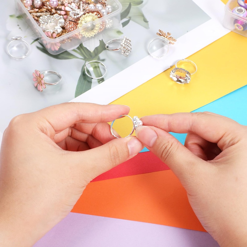 40 Pcs Silver Adjustable Blank Rings, Ring Settings Base with 10Mm Flat round