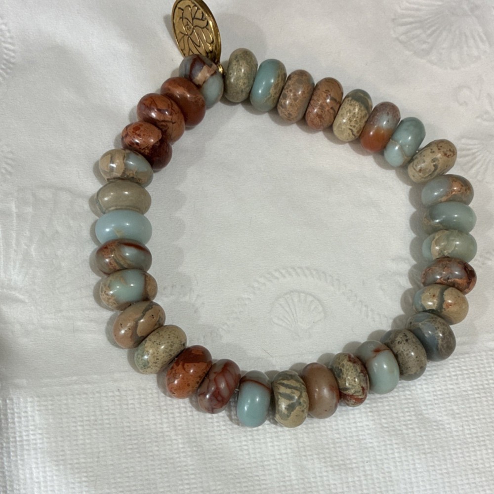 Artisan Beaded Multicolor Natural Stone Bracelet Brass Dangle Charm Adjustable