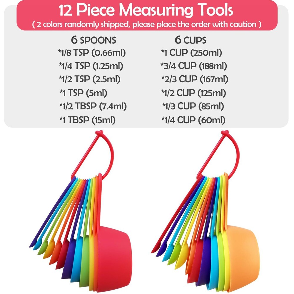 12 Piece Measuring Cups and Spoons Set, Colored Kitchen Measure Tools