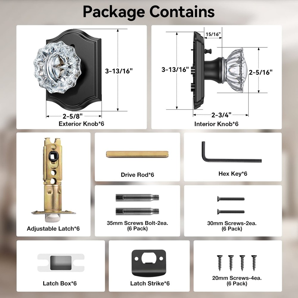 Glass Door Knobs Interior, 6 Pack Crystal Door Knobs with Lock for Privacy Us...