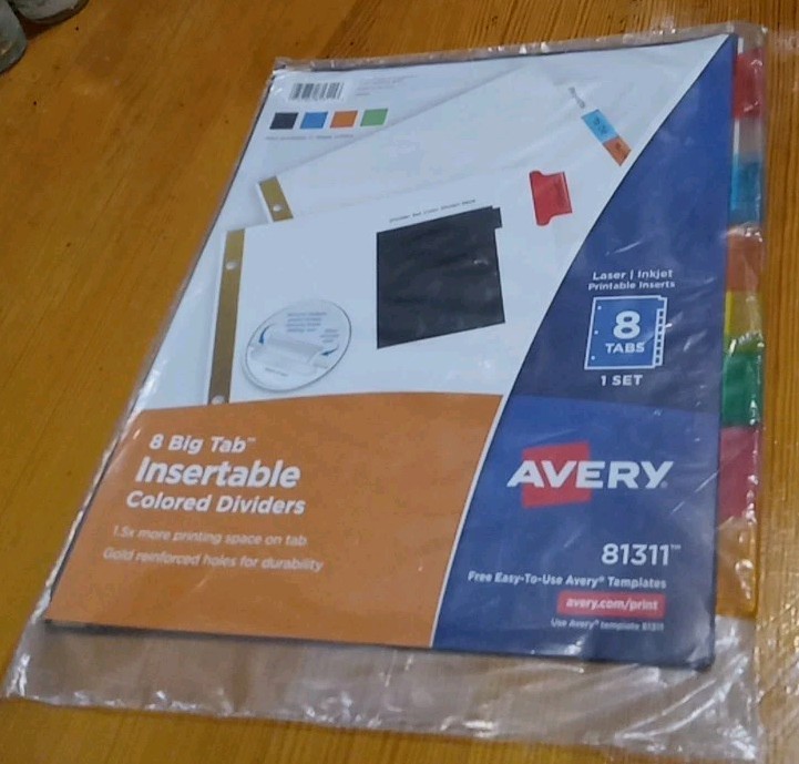 Avery 8-Tab Big Tab Insertable COLORED Dividers #81311 ONE SET Printable Inserts