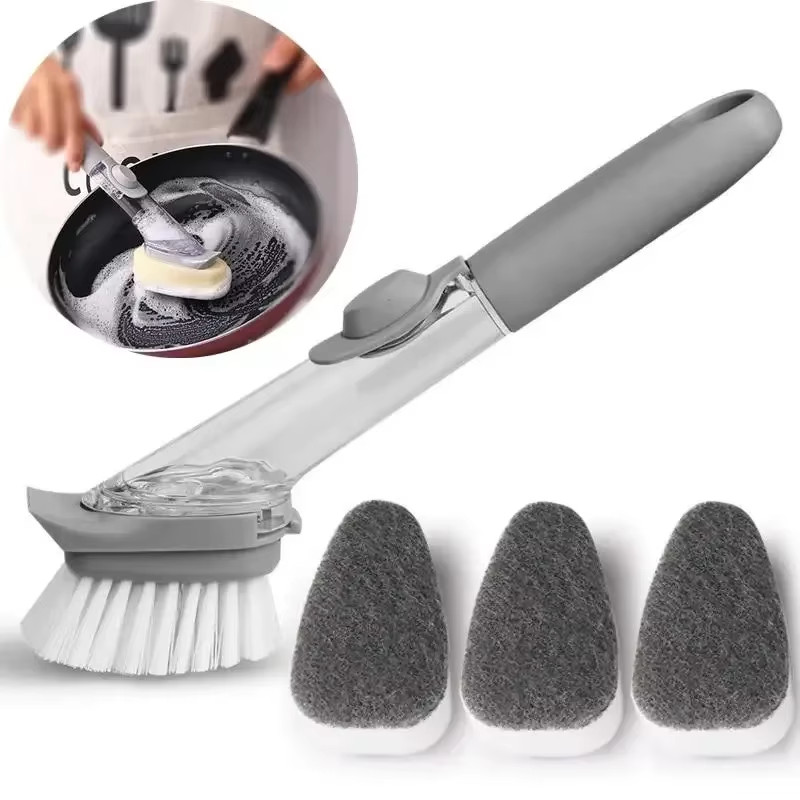 Refillable Dish Brush Soap Dispenser Scrubber Sponge Kitchen Cleaning Tool