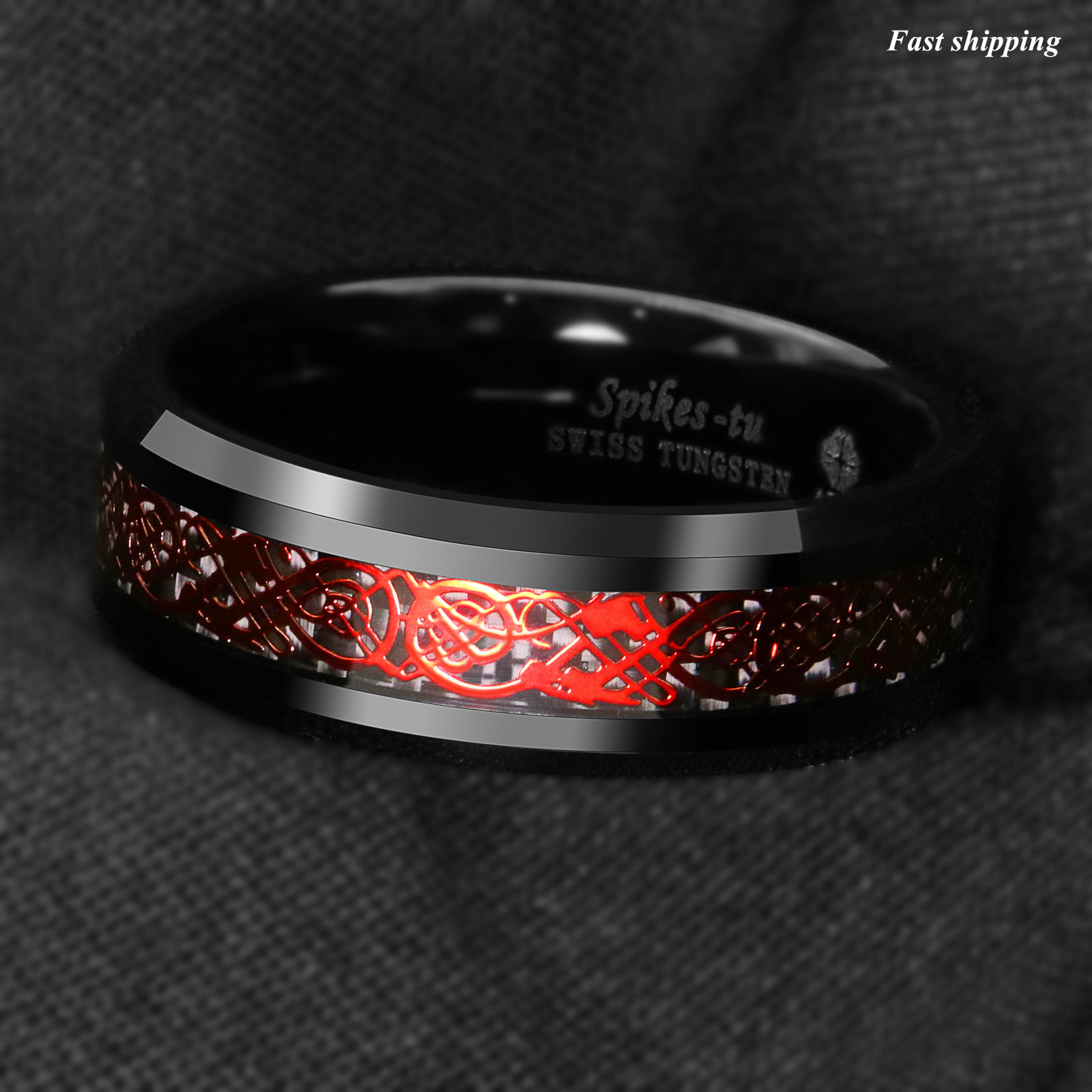 8/6mm Black Tungsten Ring Red Celtic Dragon Black carbon fiber Ring ATOP Jewelry