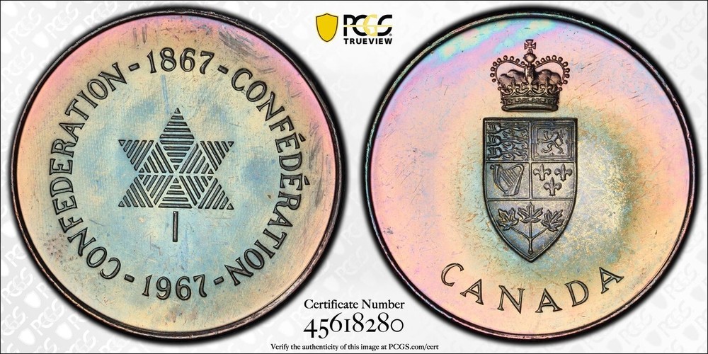 PL65 1967 Canada Silver Centennial Proof Medal, PCGS Secure- Rainbow Toned