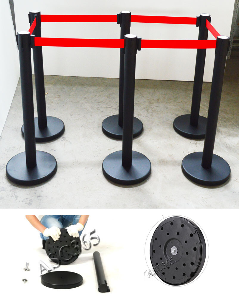 6 Red Belt Stanchion Posts Queue Pole Retractable Crowd Control Barrier New