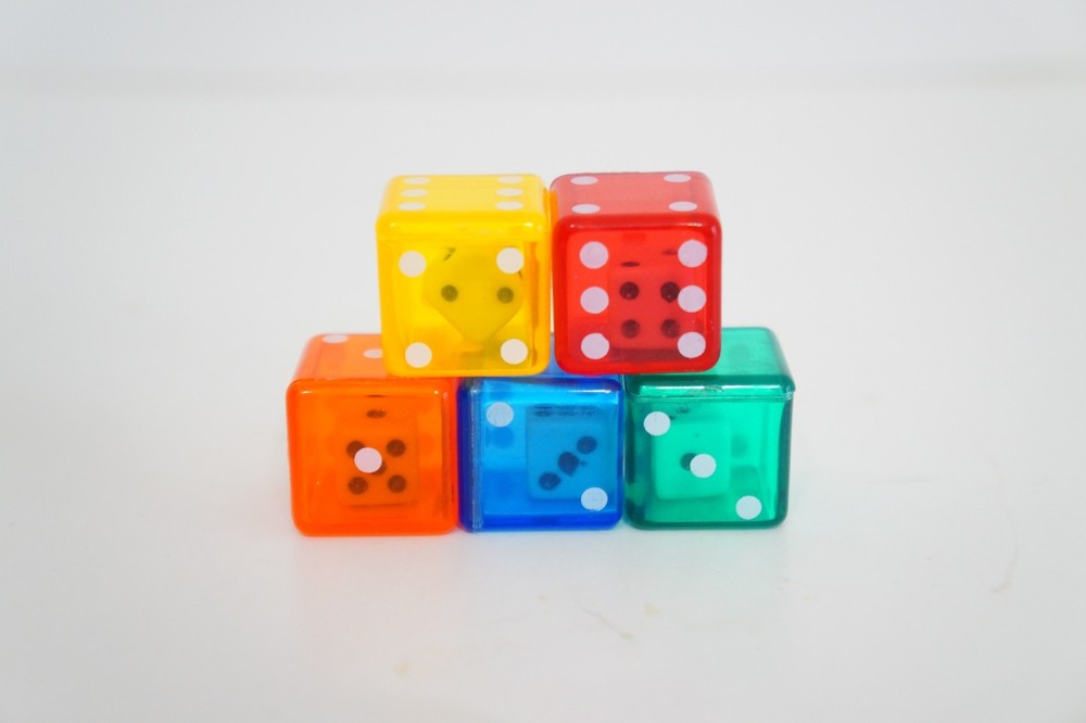 Set of 5 Double Dice - 6 Sided - Mini White Dice Inside Translucent Colored Dice