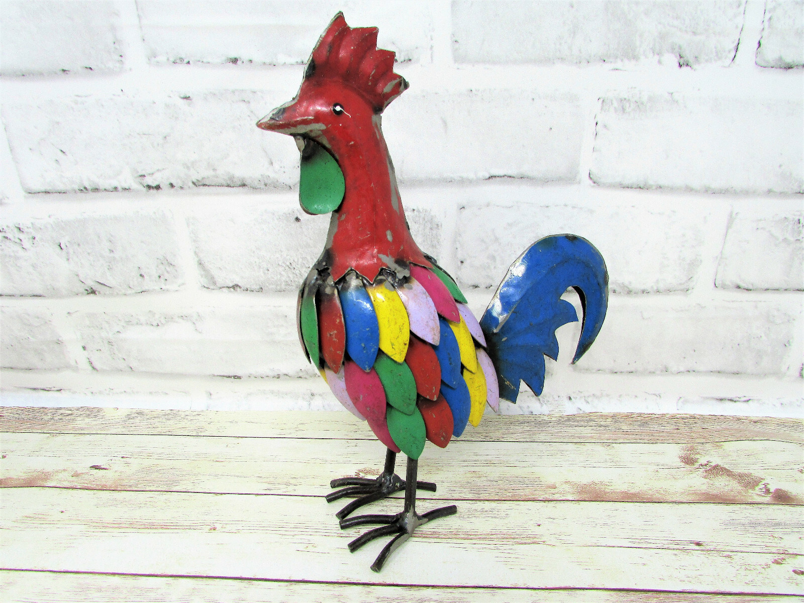 Rustic Small 9 Inch Tall Repurposed Scrap Metal Rooster Chicken Statue Home Farm