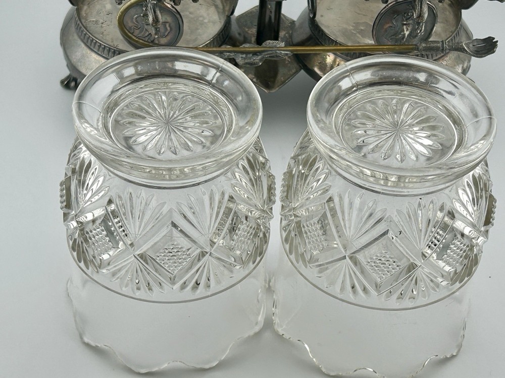 Antique Victorian Silver Plate Double Condiment Cruet EAPG Insert Pickle Fork