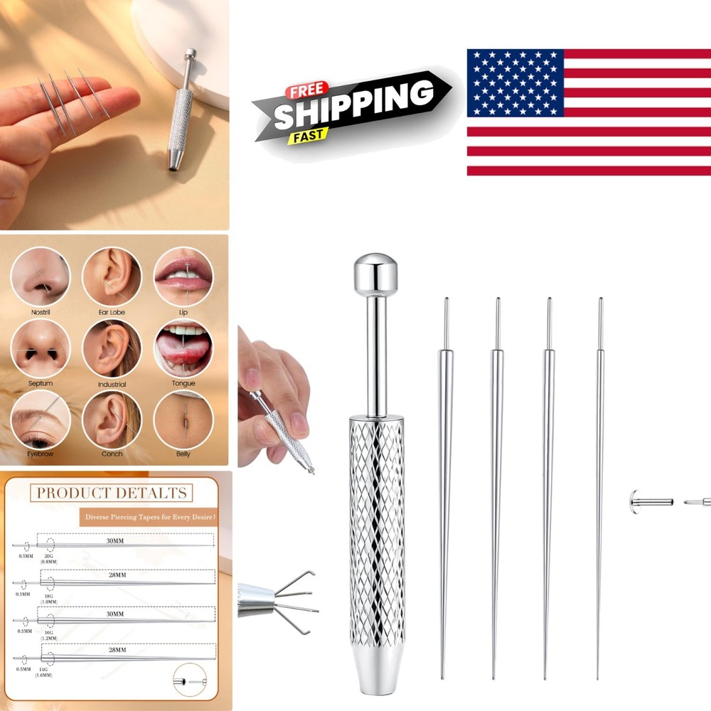 Body Piercing Kit with Threadless Insertion Pin and Grabber Tool for Flat Backs