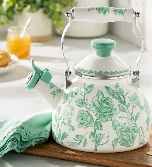 Pioneer Woman ~ AGATHA ~ 2 Quart Tea Kettle ~ Enamel on Steel ~ Floral ~ GREEN