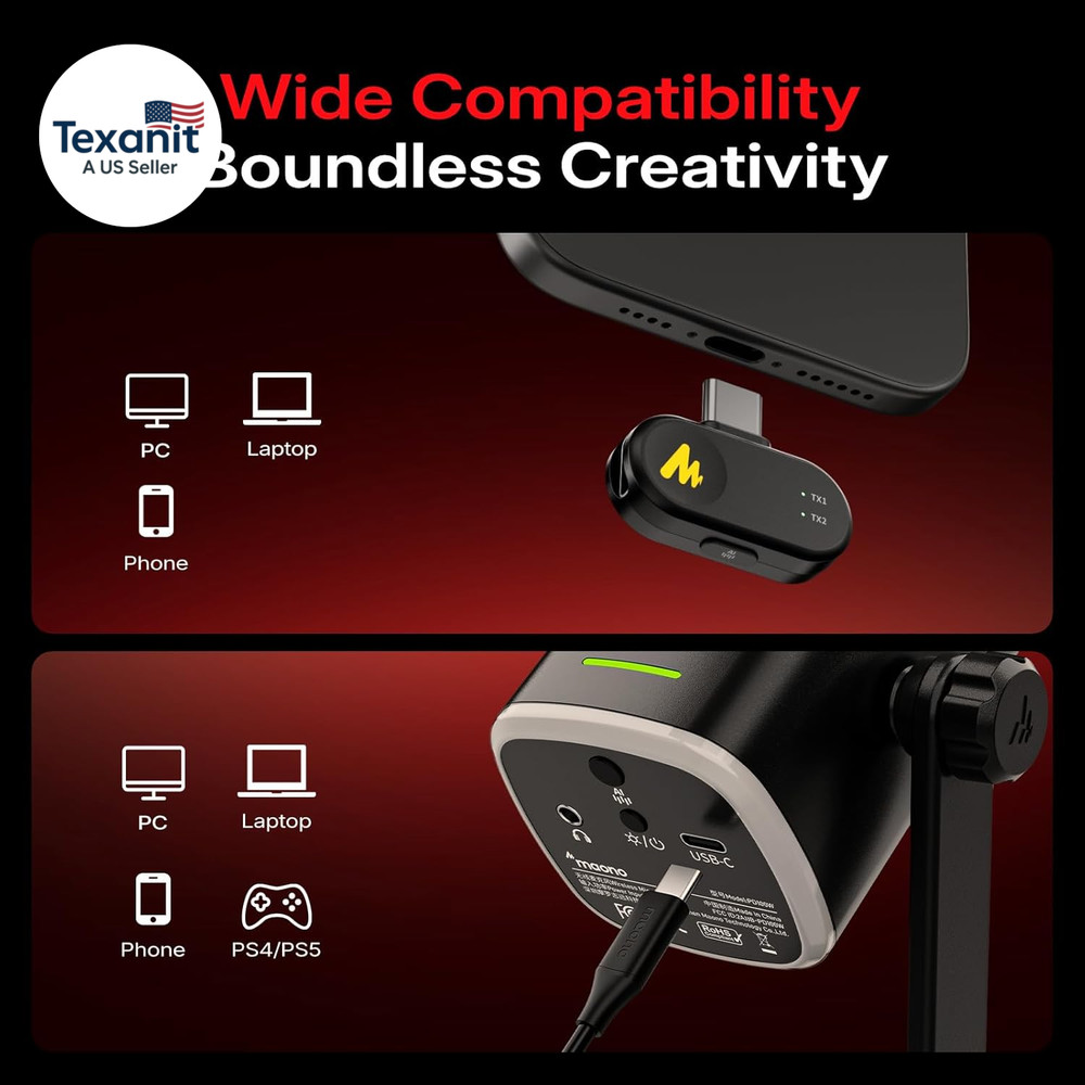 PD100W Wireless/Usb Microphone, PC Gaming Mic with One-Click Noise Reduction,Mut