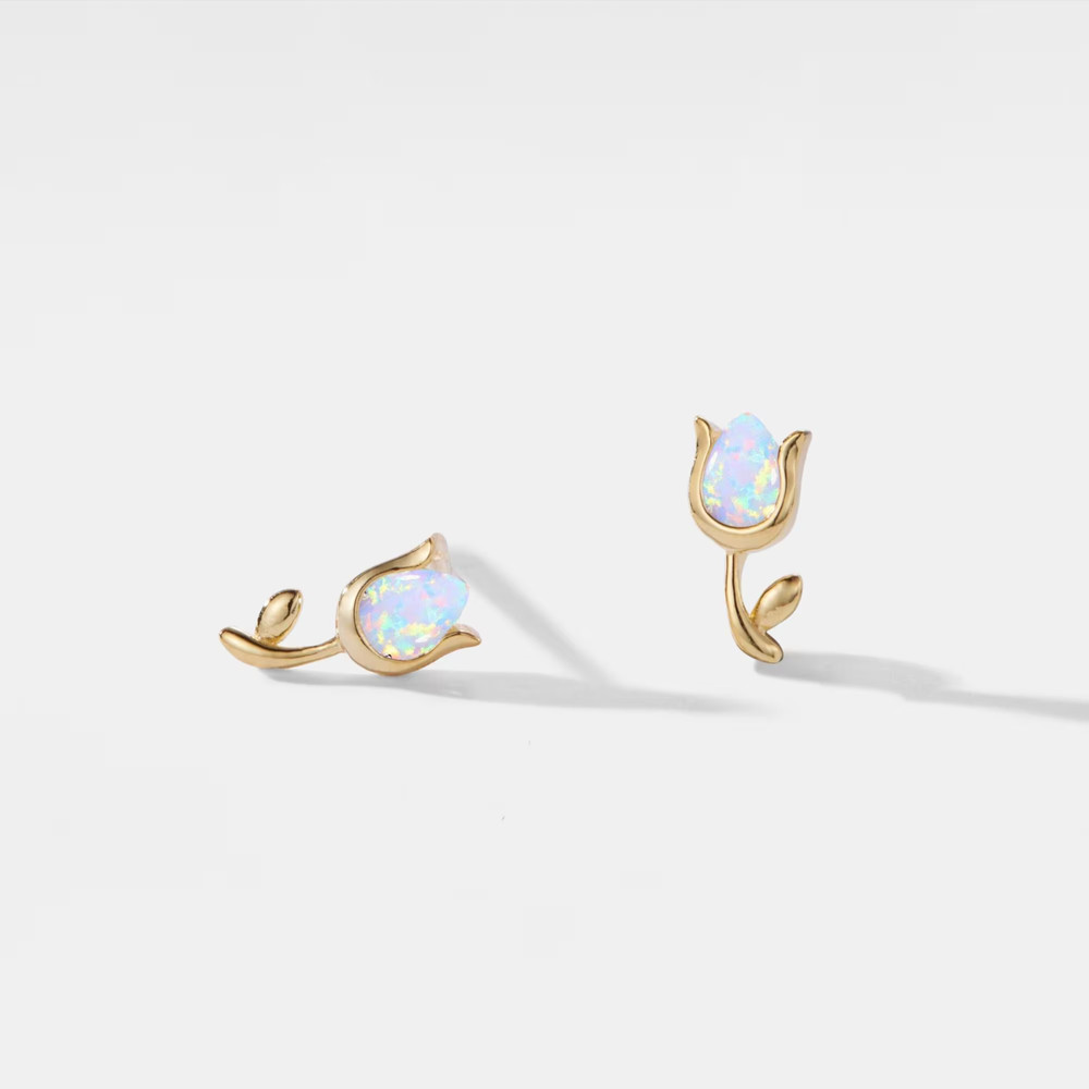 Tiny Opal Tulip Flower Stud Earrings in 925 Sterling Silver