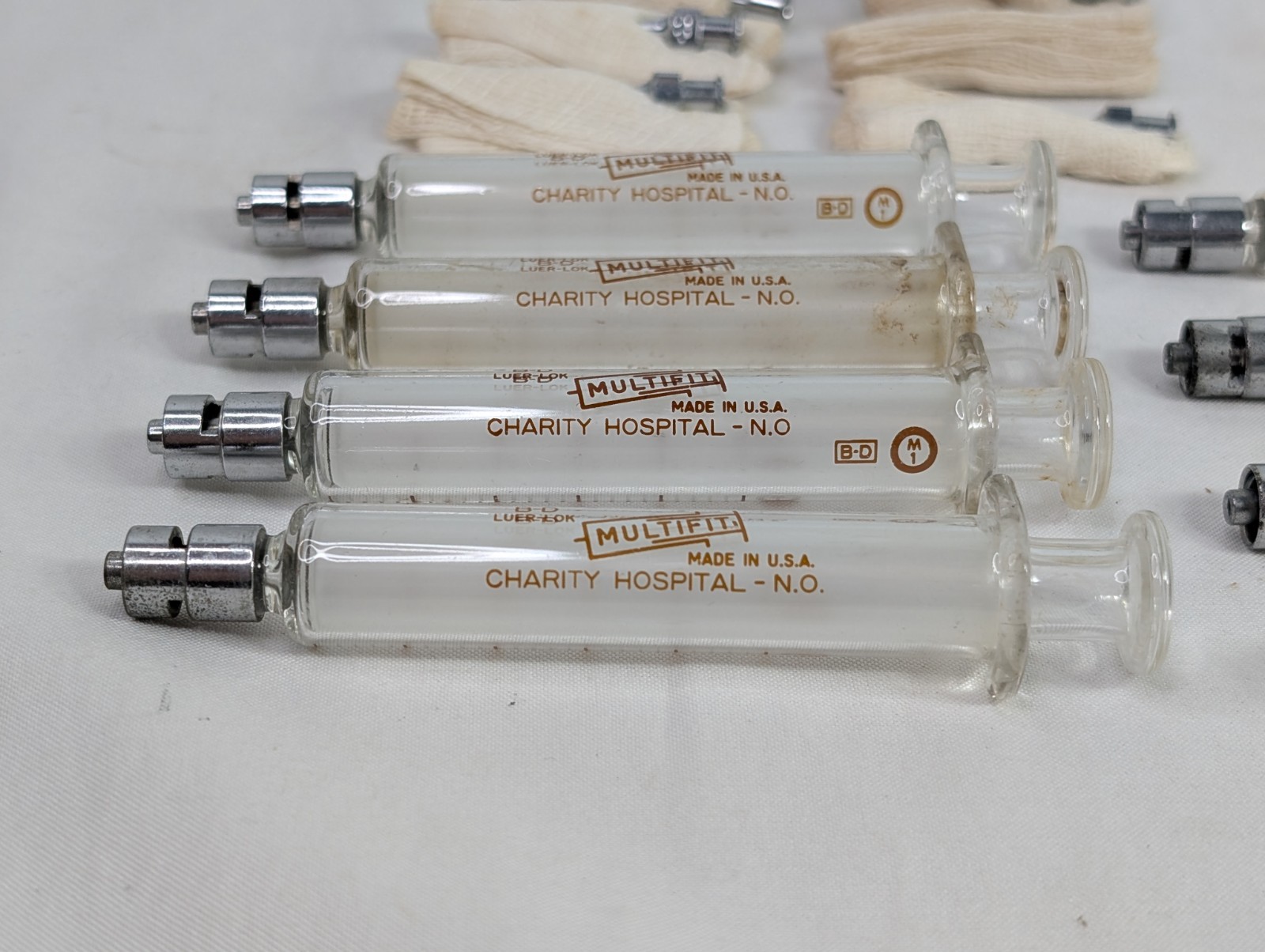 Lot of 7 B-D Luer Lock Multi Fit Glass Hypodermic Syringes NEW ORLEANS HOSPITAL