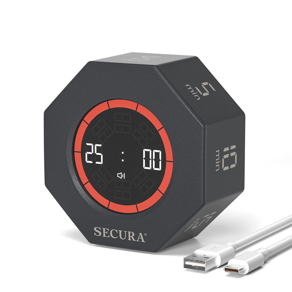 Secura Pomodoro Timer, Rotating Cube Time Tracker, Flip Gravity Sensor with 7...