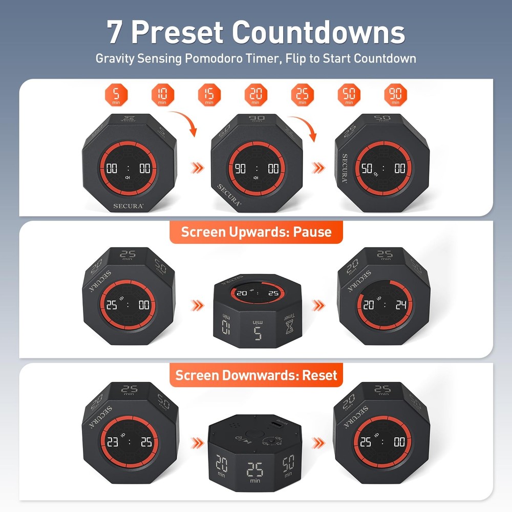 Secura Pomodoro Timer, Rotating Cube Time Tracker, Flip Gravity Sensor with 7...