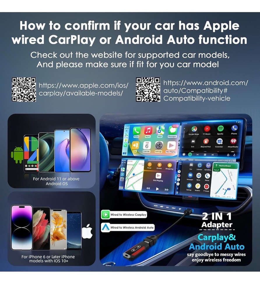 2-in-1 Wireless CarPlay Android Auto Adapter USB Plug & Play Dongle