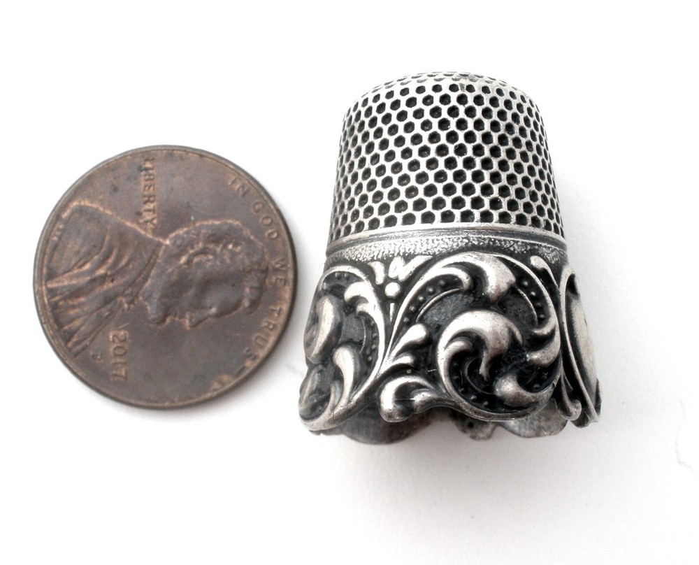 Antique Sterling Silver Thimble Signed OT Repoussé Scrollwork 6.61 Grams