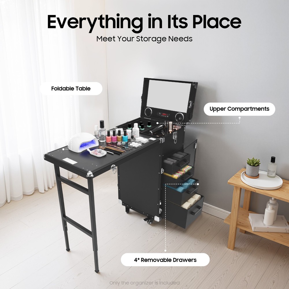Nail Desk Mobile Station Rolling Makeup Train Case Manicure Table with Speaker