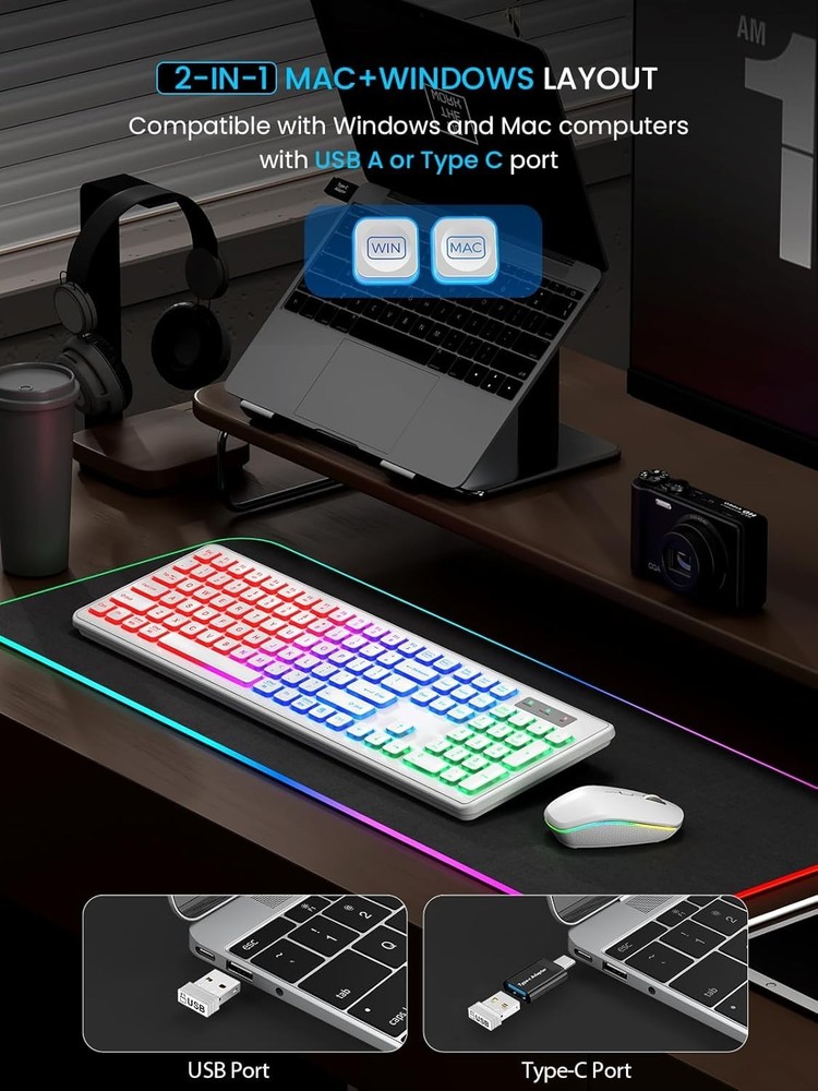 Wireless Backlit Keyboard & Mouse – Quiet, Rechargeable, USB, White Combo