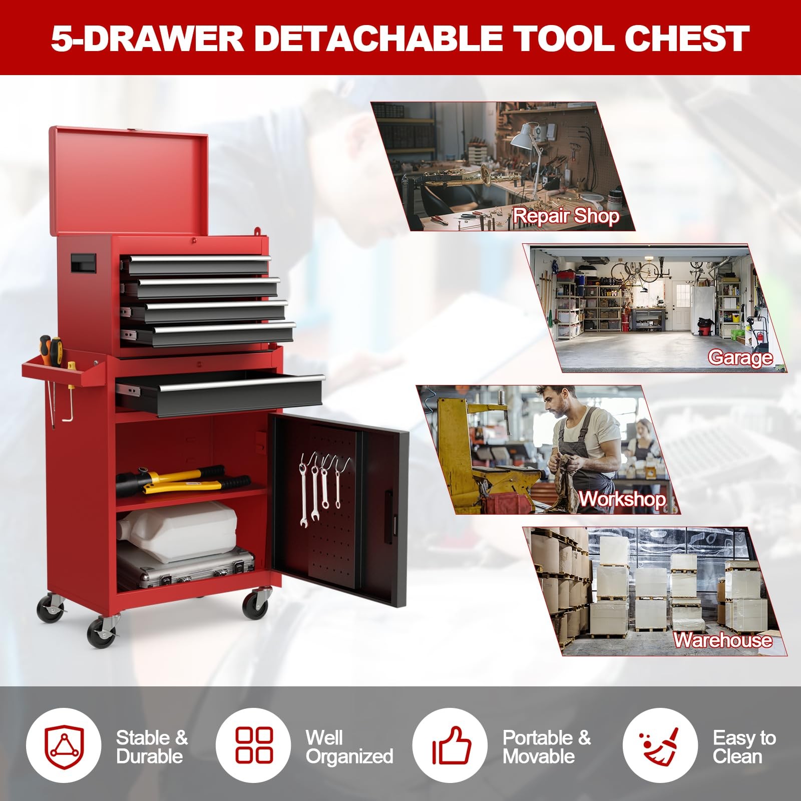 Rolling Lockable 5-Drawer Tool Cabinet with Side Slot & Universal Wheels