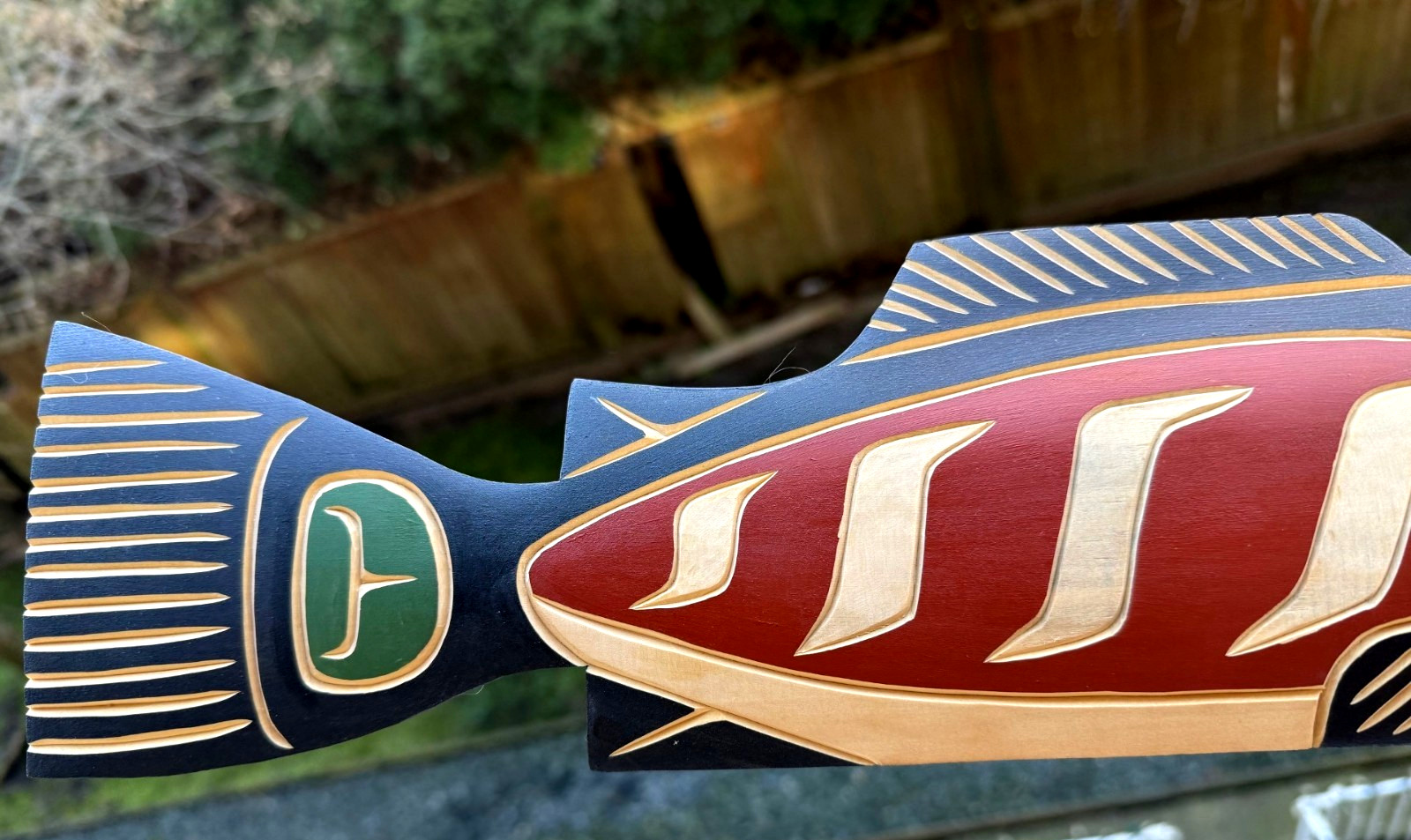 Northwest Coast Native Large Detailed Yellow Cedar burgandy Salmon wood carving