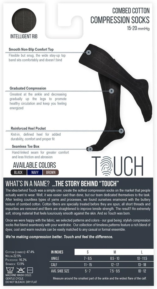 TOUCH Combed Cotton Ribbed Knee High Compression Socks 15-20mmHg (Black) Small