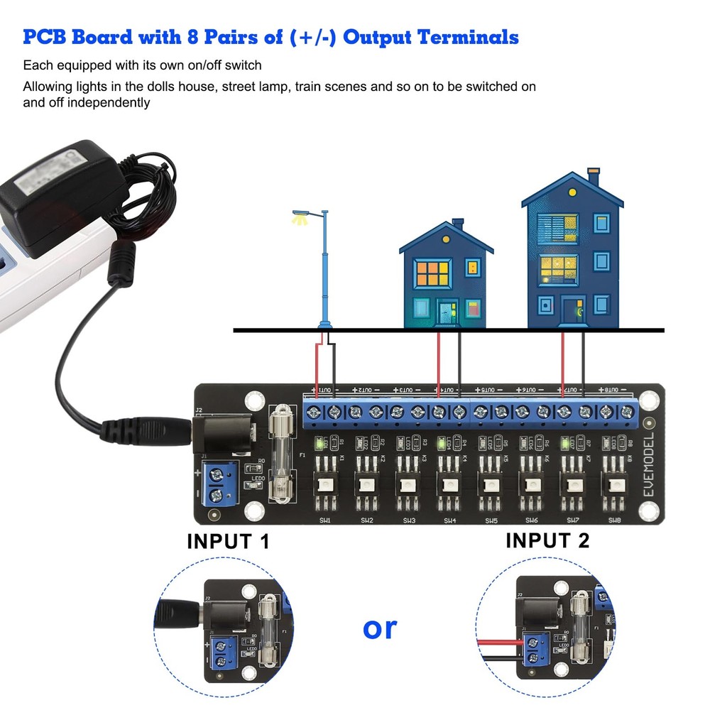 Evemodel 3V-24V DC Individual Switch Power Distribution Module 8 Channels
