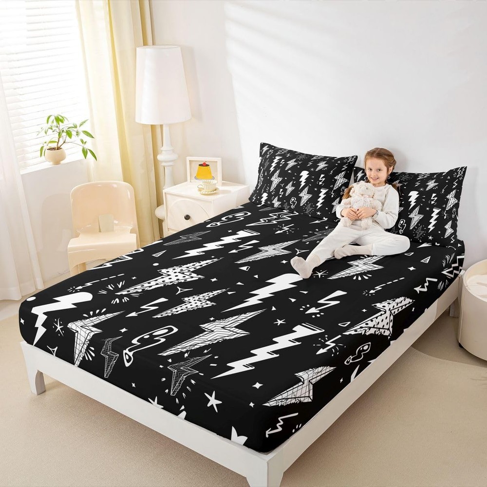 Lightning Fitted Sheet Hand Drawn Doodle Lightning Bolt Bedding Set 2pcs for ...